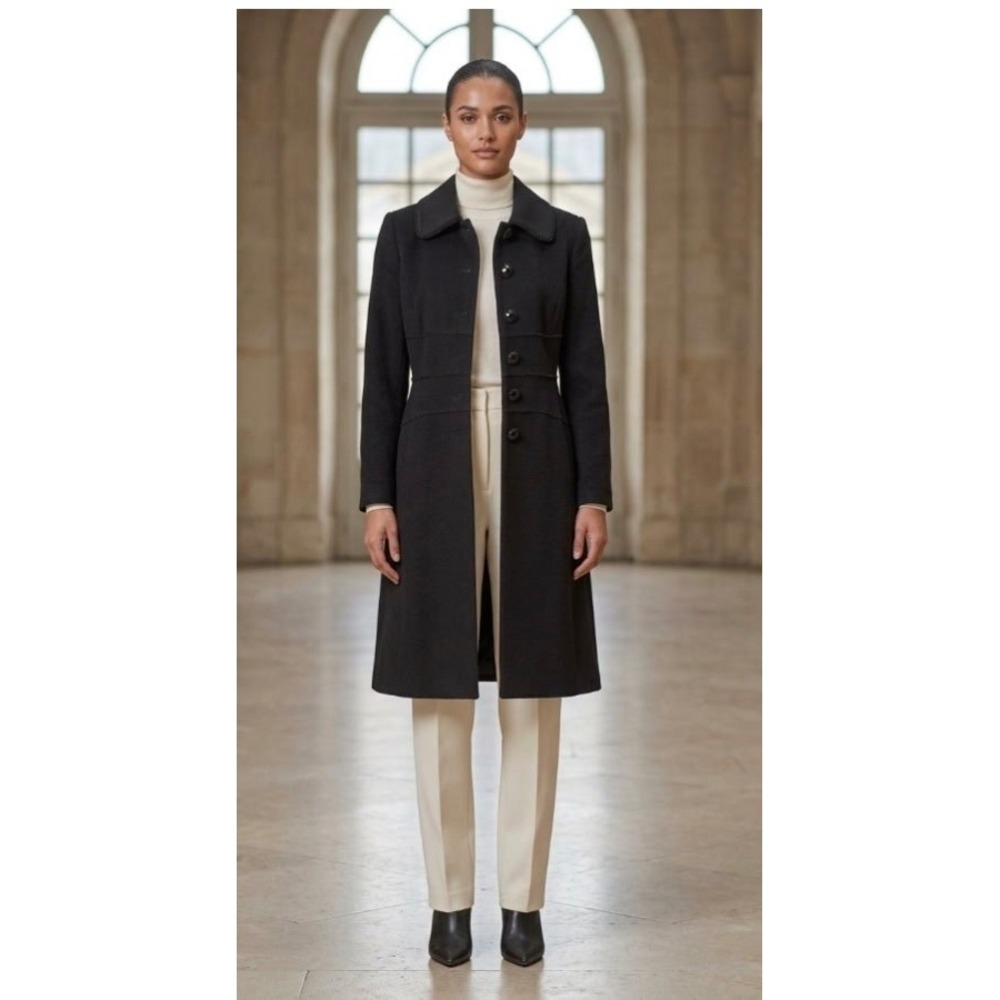 Oscar de la Renta Black Wool Angora Blend Braided Trim Long Coat Size 8